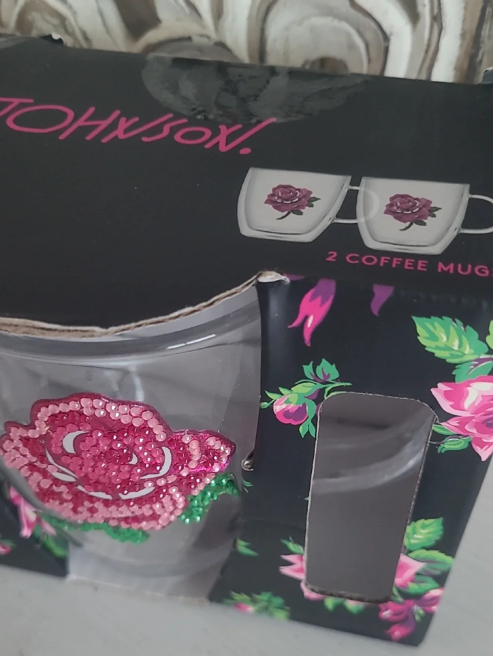 Betsey Johnson Coffee Mugs Set Of 2 With A Beautiful Rhinestone Bling Rose On It